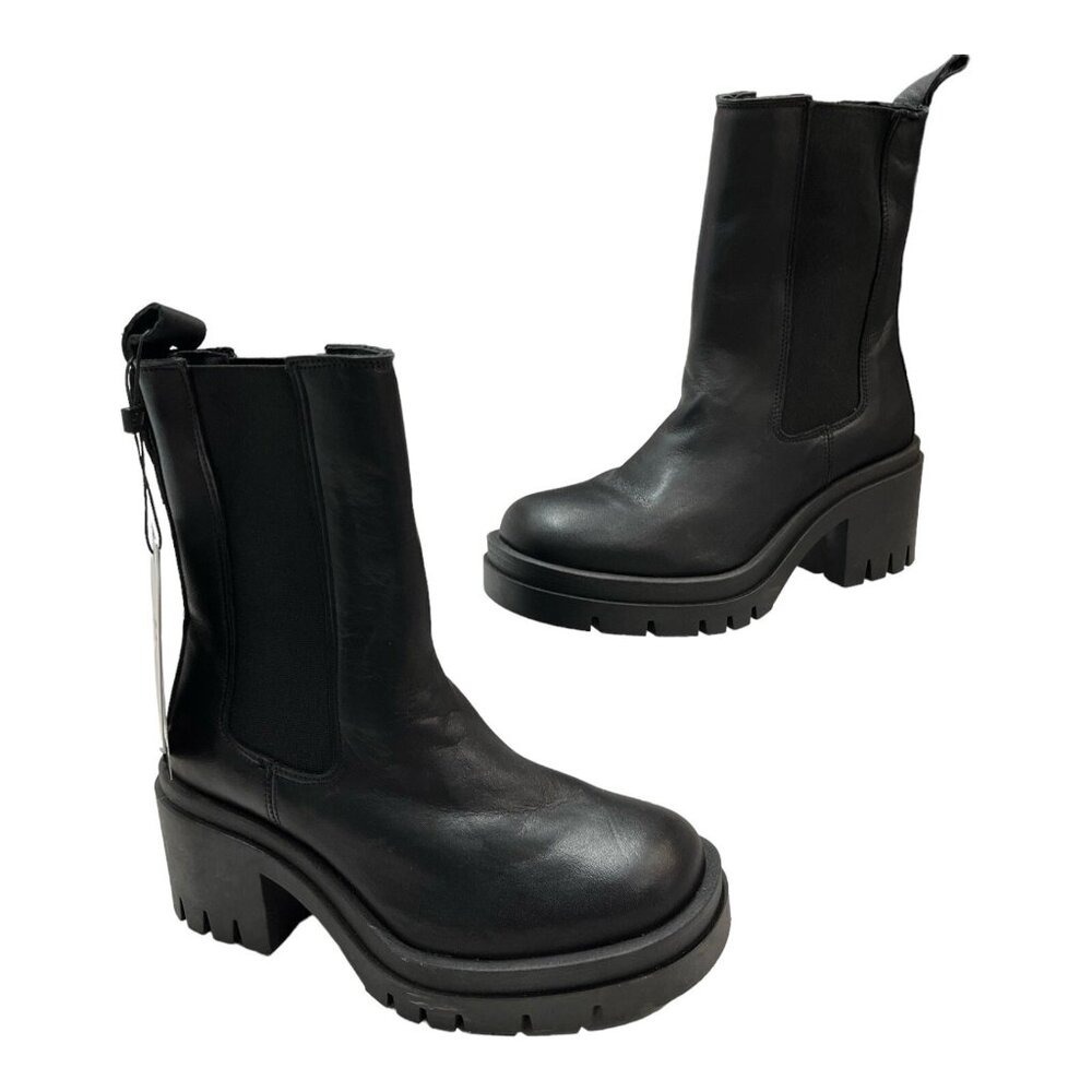 Selected Femme Boot Womens US 6 Black‎ Leather Chunky Platform Chelsea Goth